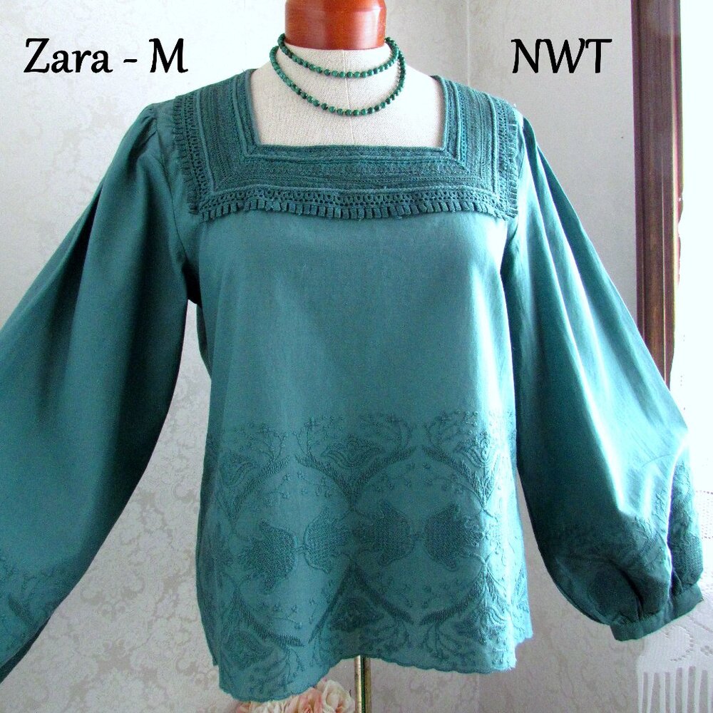 ZARA BLOUSE, ROARING 20s STYLE, SQUARE NECK, GREEN LONG SLEEVED COTTON, NWT, MED